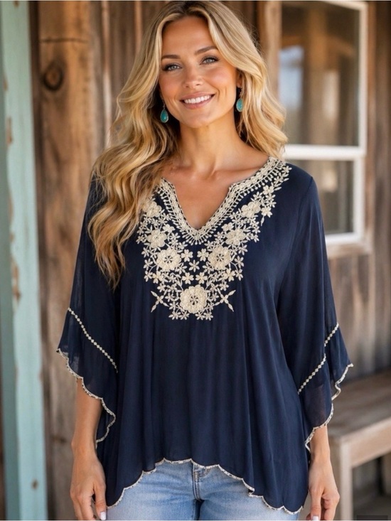 Johnny Was Tops - Johnny Was Embroidered Tunic/Blouse Oversized Navy Blue & cream Size M